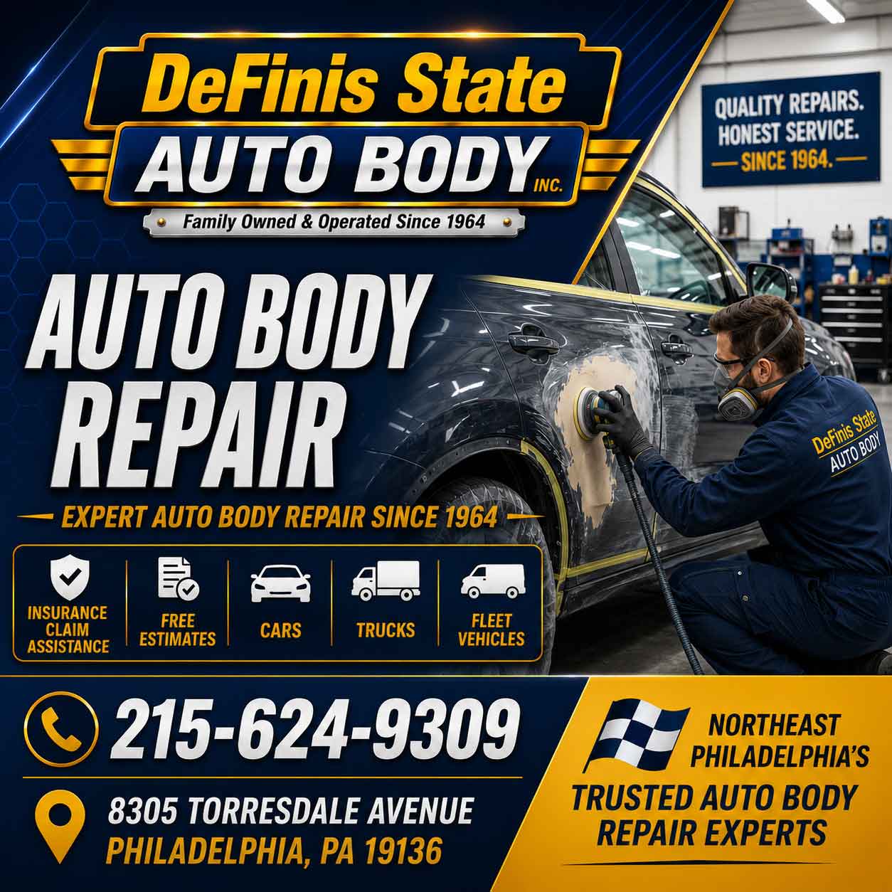 Auto body repair Parkwood 19154, rust, panel and structural work at Definis Auto Body in Northeast Philadelphia.