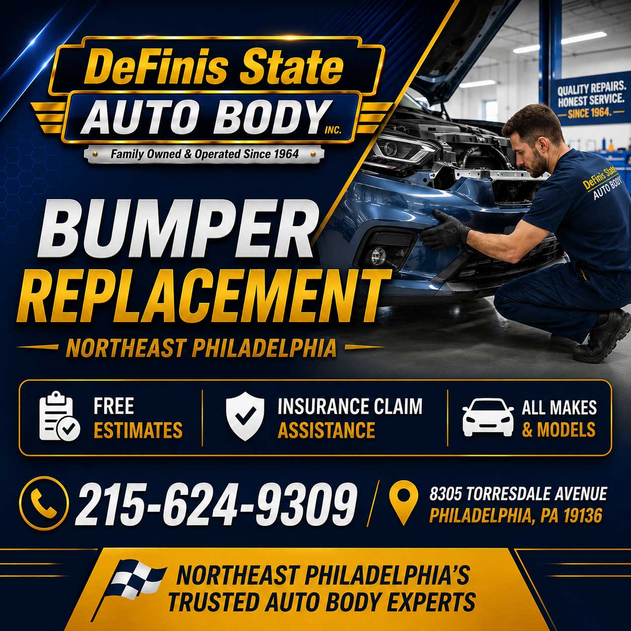 Bumper repair and replacement Somerton 19116, cracked and scraped bumpers repaired and refinished at Definis Auto Body.