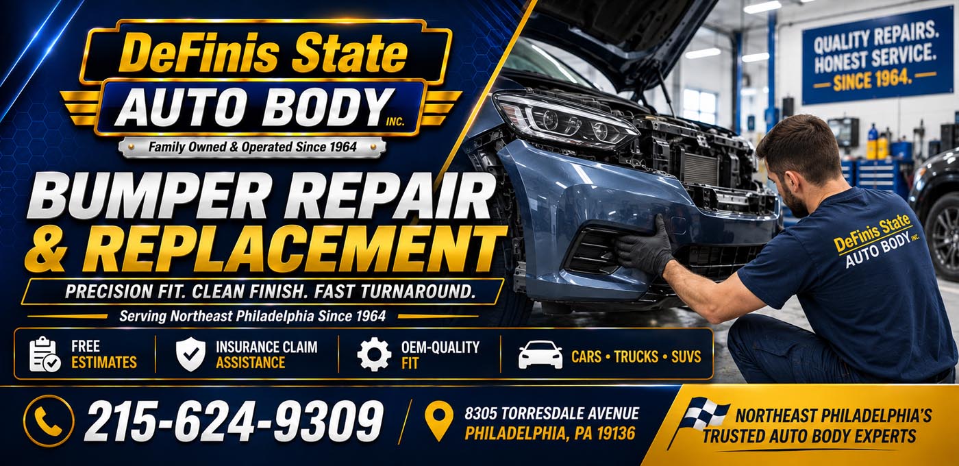 Bumper repair and replacement 19116 Somerton, cracked and scraped bumpers repaired and refinished at Definis Auto Body.