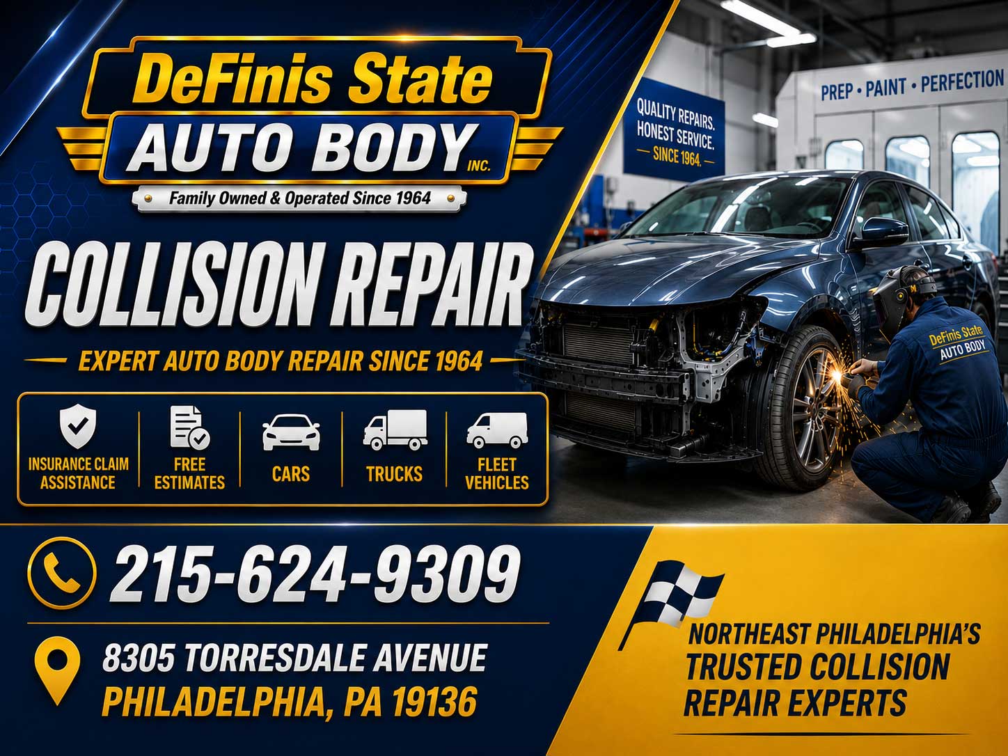 Collision Repair 19116 Somerton auto body shop serving Bustleton 19115, Parkwood 19154 and Northeast Philadelphia with dent repair, bumper replacement, paint matching, frame straightening and insurance claim assistance for cars, trucks and fleet vehicles.