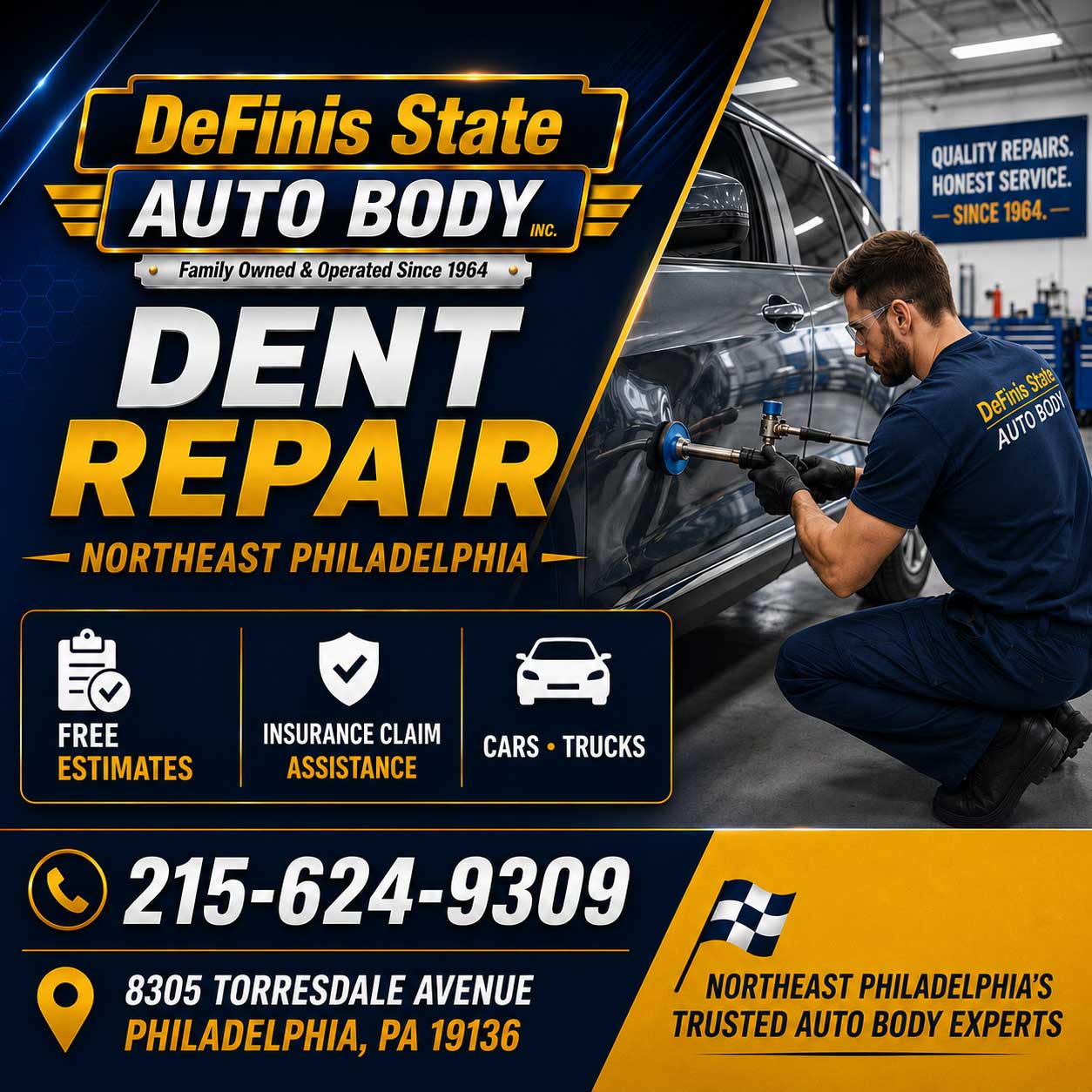 Dent repair Parkwood 19154, door dings and creased panels removed at Definis Auto Body in Northeast Philadelphia.