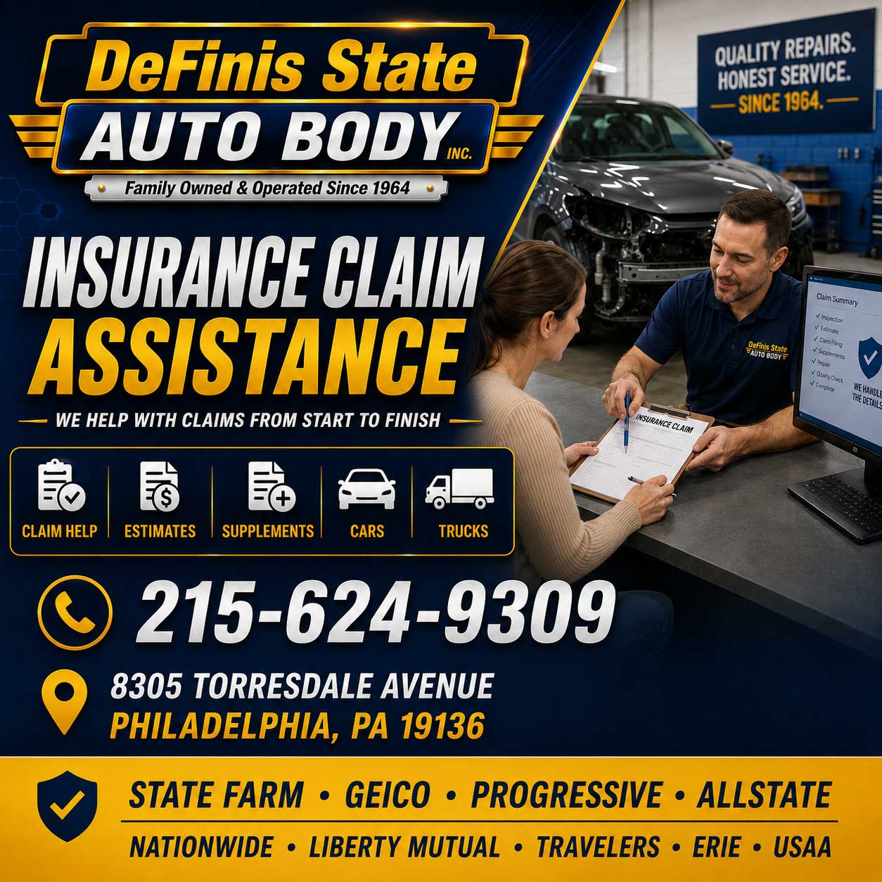 Insurance claim assistance Bustleton 19115, every carrier handled at Definis Auto Body in Northeast Philadelphia, you choose the shop.