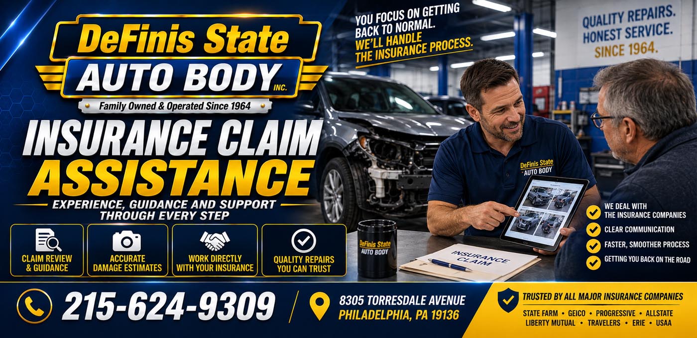 Insurance claim assistance Bustleton 19115, every carrier handled at Definis Auto Body in Northeast Philadelphia, you choose the shop.