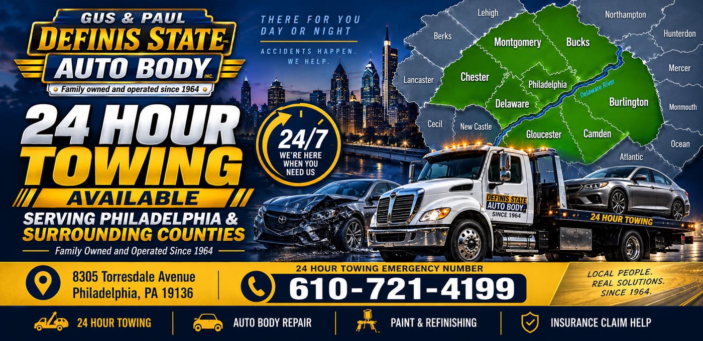 Free 24 hour emergency towing to Definis Auto Body, day or night, across Northeast Philadelphia.